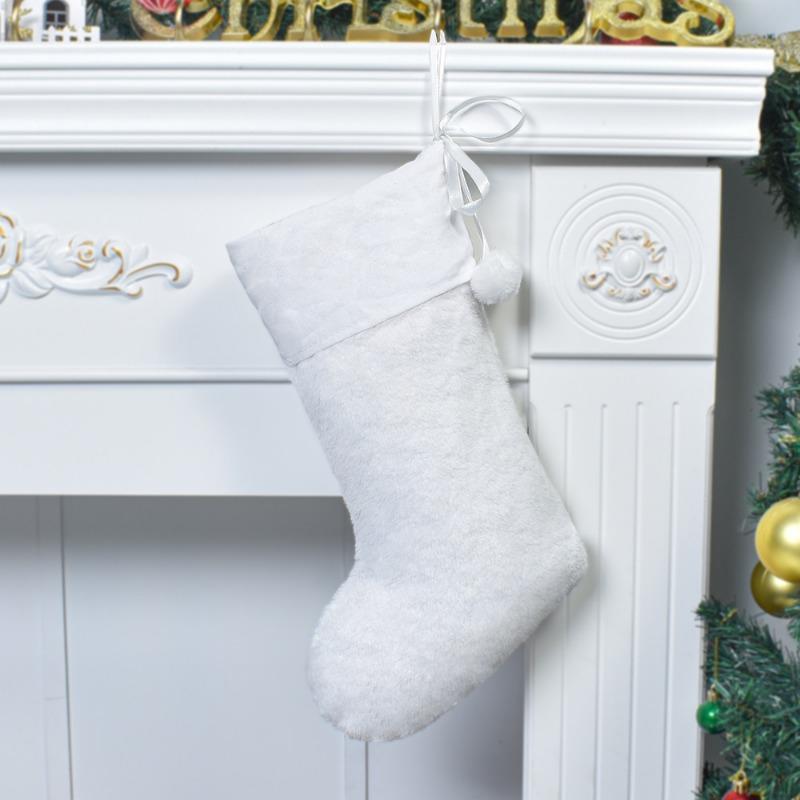 Large Plush Christmas Socks Party Holiday Decoration Storage Gift Bag with Furball Solid Color Christmas Socks