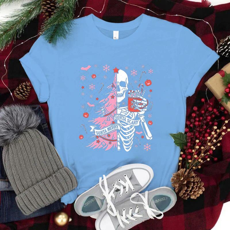 Street Christmas Fashion Short Sleeve Tshirts for Women Festive Skeleton with Coffee Tree Print Tshirt Festive Holiday Tee Top
