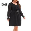 Plus Size Dress V-Neck Hollow Lace Stitching Flared Long Sleeve High Waist Mini Dress Solid Color Casual Mini Dress