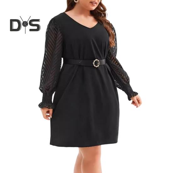 Plus Size Dress V-Neck Hollow Lace Stitching Flared Long Sleeve High Waist Mini Dress Solid Color Casual Mini Dress