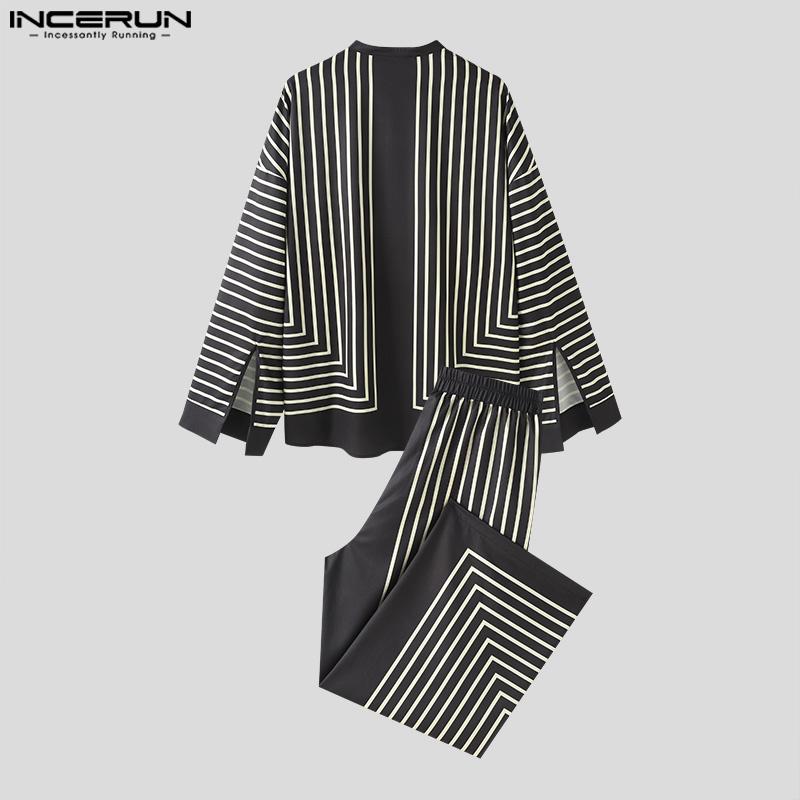 INCERUN Two Piece Suit Men Long Sleeve Casual Baggy Striped Tops And Long Pants Homewear