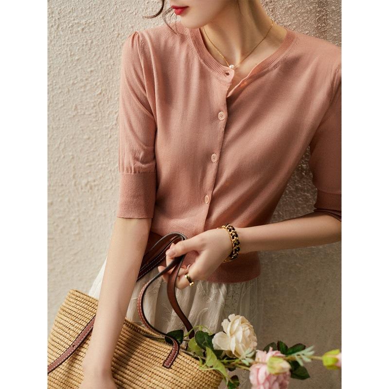 Knitted Cardigan with Women's Autumn New Gentle Style Women's Medium-sleeved Crew Neck Top