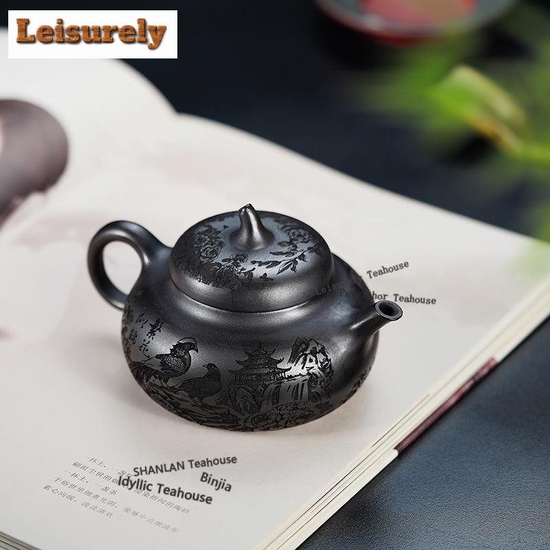 111ml Yixing Purple Clay Teapots Hand-carved Eggplant Pot Raw Ore Stone Yellow Mud Tea Soaking Kettle Chinese Zisha Teaset Gifts