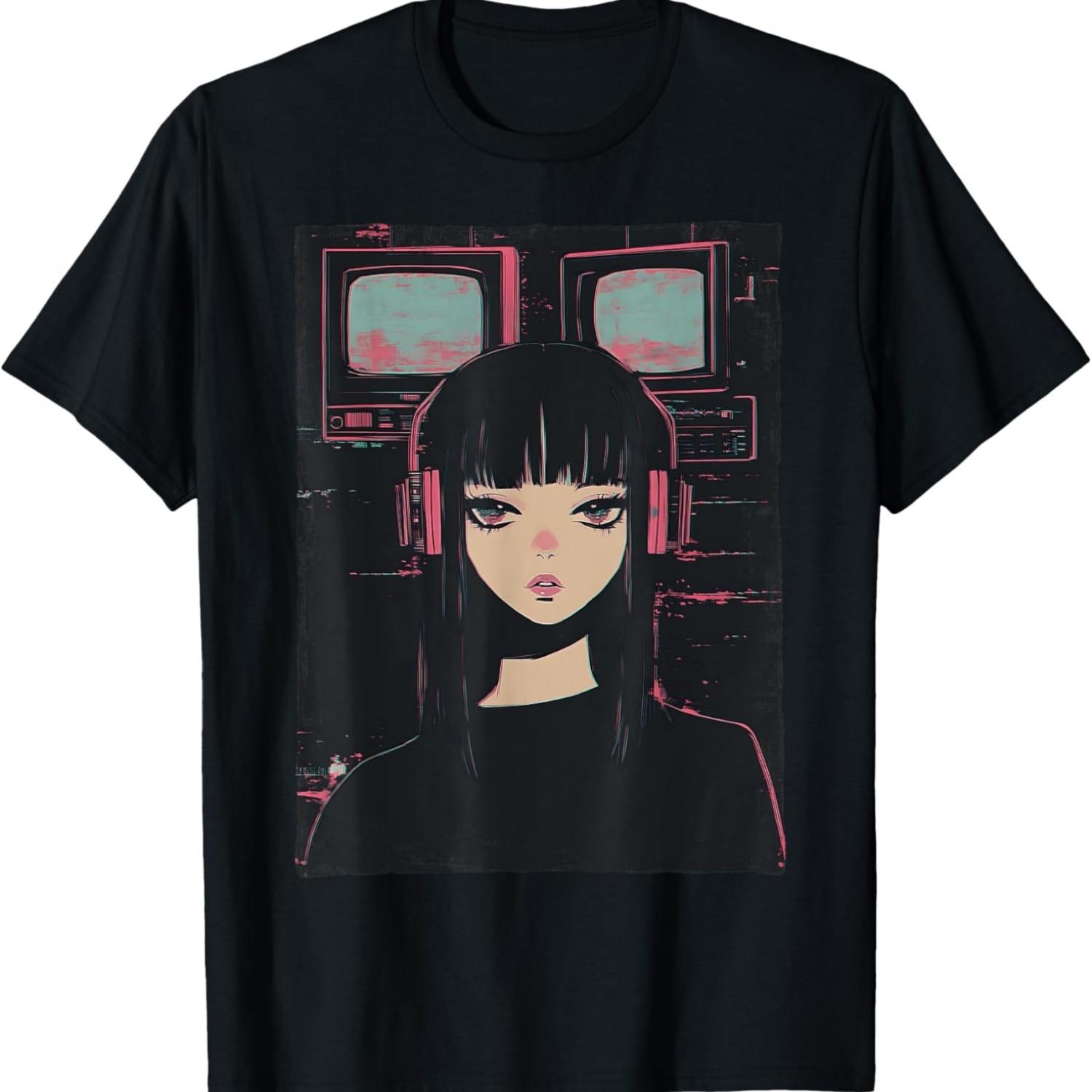 Distressed Cyber Goth Anime Girl Vaporwave E-Girl Glitch T-Shirt S