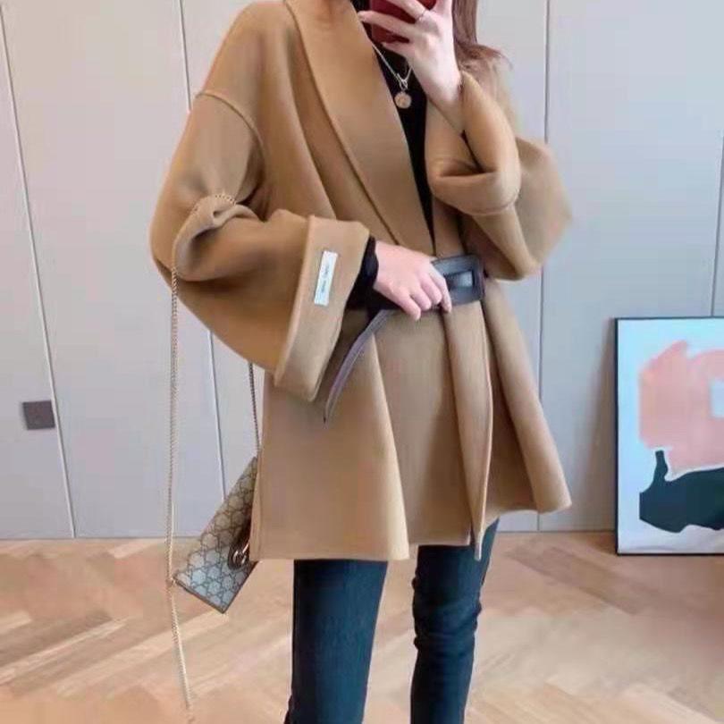 Double-Sided Petite Wool Coat - Bathrobe Style, Korean-Inspired, Waist-Slimming for Women