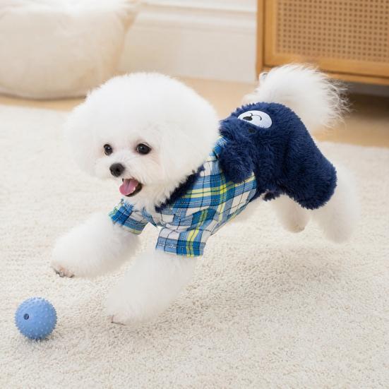 jijijing Fuzzy Bear Dog Jumpsuit, Cute Plaid Outfit, Warm 4-Legged Apparel, Plush Lined Cozy Onesie Clothes for Small Autumn Winter