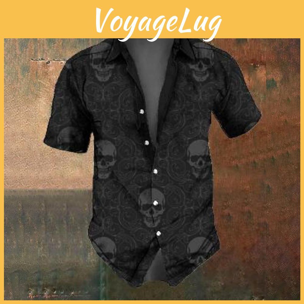 Fashion Horror Summer Skull Retro Print Mens Short Sleeve Shirt Street Casual Trend Mens Oversized Tops Mens Shirt Size S5xl