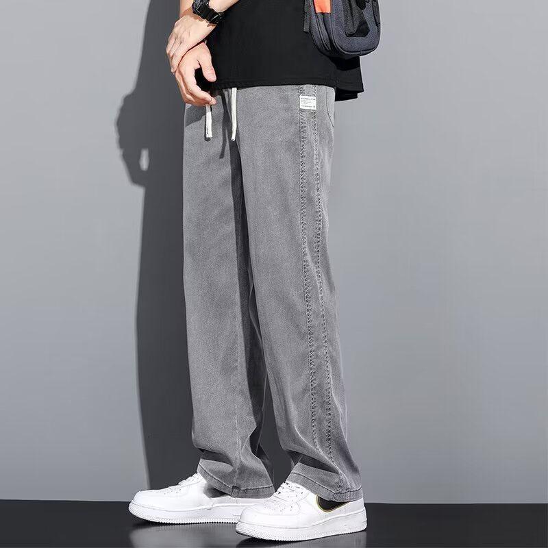 Men's Summer Soft Thin Baggy Straight Wide Leg Pants Youth Popular Drawstring Elastic Waist Loose Lyocell Fabric Trousers