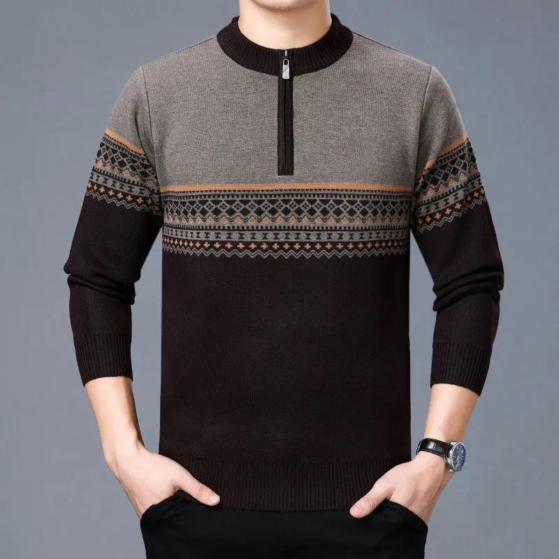 

Мужской свитер с круглым вырезом, осень-зима, бархатный толстый теплый пуловер, трикотажная полосатая рубашка с половиной молнии, нижнее белье для среднего и пожилого возраста 3XL