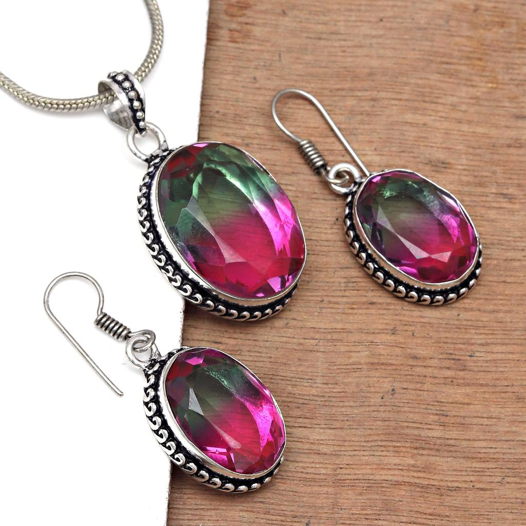 Tourmaline Set Gemstone Gift Wedding Party Bi-Color Pendant,Earring,Ring