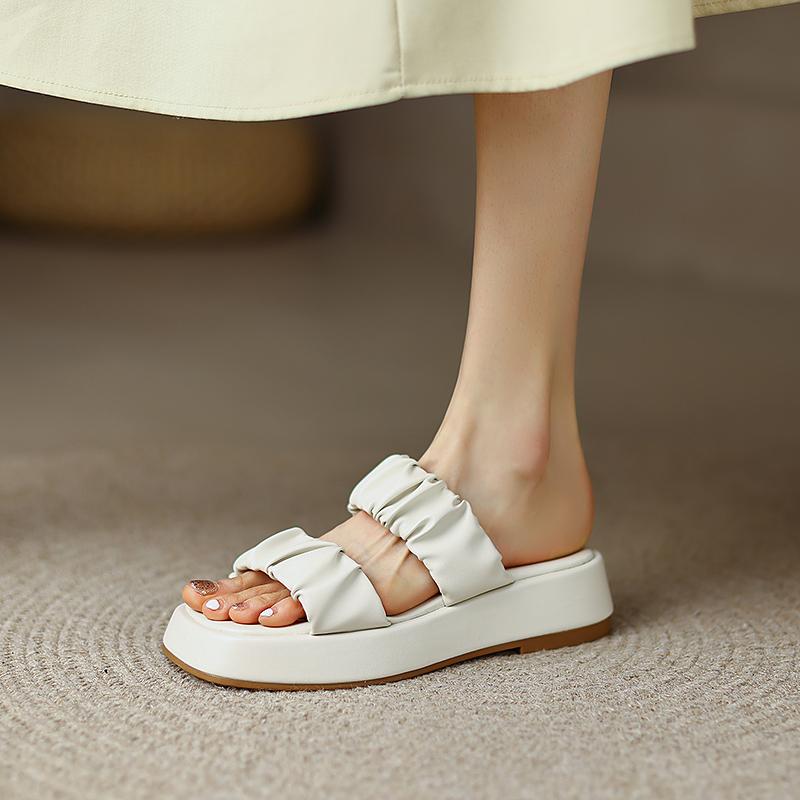 Genuine Leather Open Toe Outside Slides Women Sandals Flats Square Heel Concise Women Shoes Fashion Women Platform Shoes