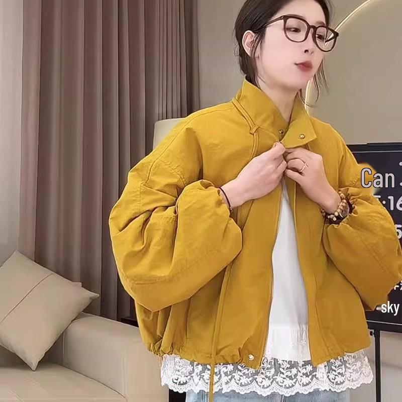 

Женская шикарная короткая куртка в корейском стиле со стойкой и кулиской для весны и осени 2025 M лимонно-желтый