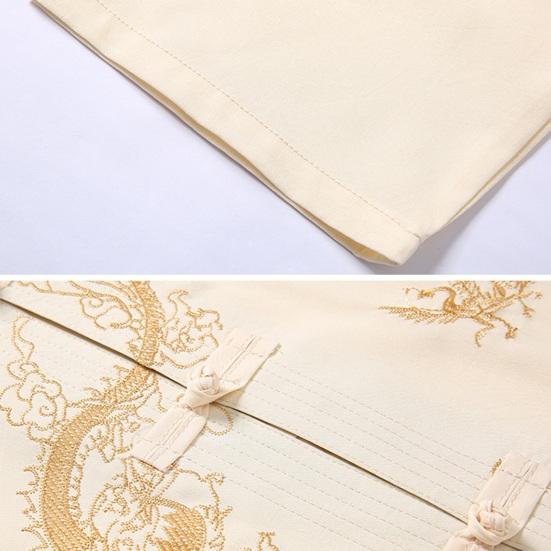 Herrenhemd mittleren Alters im chinesischen Stil mit Drachenmuster, Stehkragen, lange Ärmel, Taschen, einreihiges Tang-Anzugoberteil