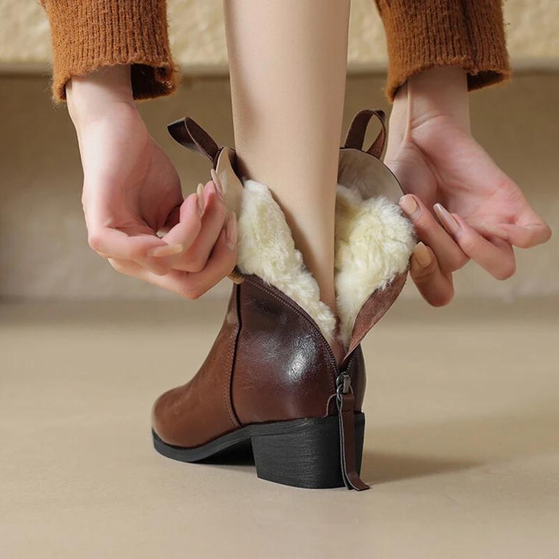 Fashion NEW Winter Women Boots Split Leather Shoes for Women Pointed Toe Chunky Heel Shoes Warm Wool Snow Boots Casual Zip Short Boots