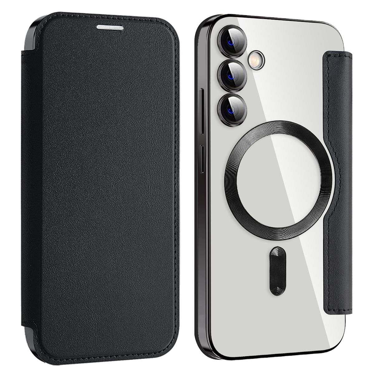 

For Samsung Galaxy S23 FE Case Magnetic RFID Blocking Electroplating Phone Cover with Lens Film and Card Slots Black