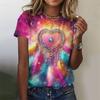 Fashion Girl Short Sleeve Flower Net 3D Printed Tops Breathable Cute Top Round Neck