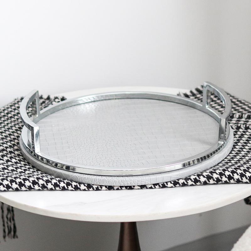 Light Luxury Leather Metal High Handle Round Tray Ornaments Model Room Sales Office Bed and Breakfast Study Room Designer Accessories