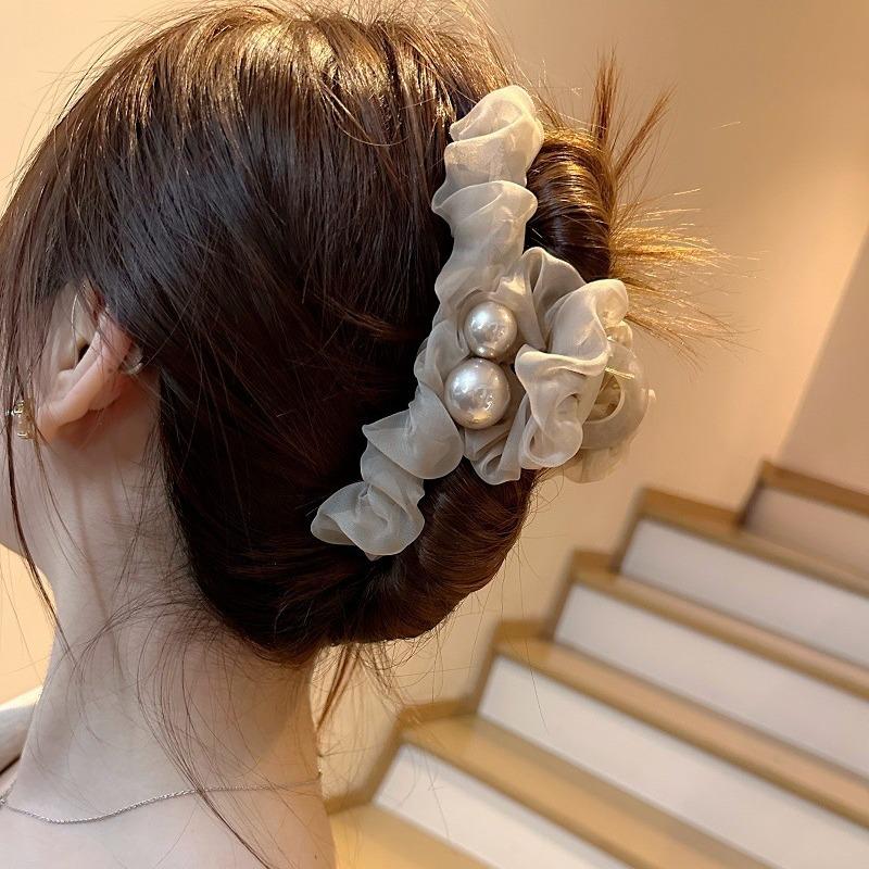 Summer Crinkle Chiffon Pearl Hair Claw Clip, Elegant Oversized Mesh Hair Clip for Women Accessoires Femme Hair Clips for Girls