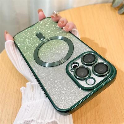 Capa magnética com glitter para iPhone 15, 14, 13, 12, 11 Pro Max 14 Plus, revestimento Magsafe, capa de carregamento sem fio colorida e macia
