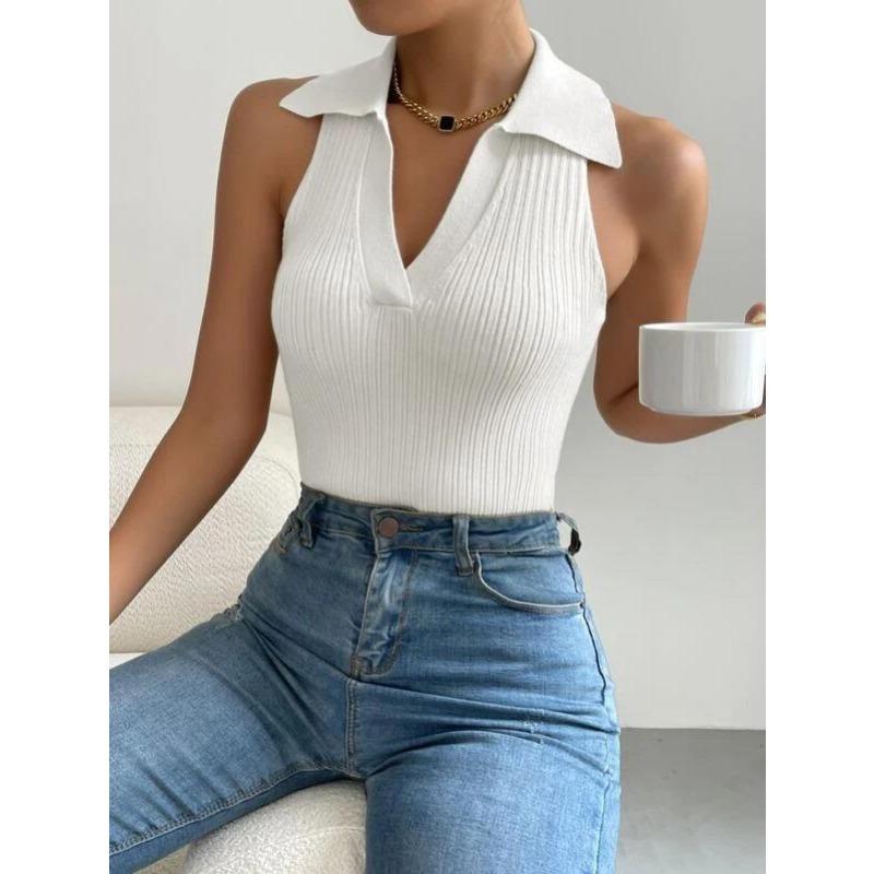 Dame Sommer Ny Ensfarget Polokrage Slim Ribbestrikket Ermeløs Strikkevest