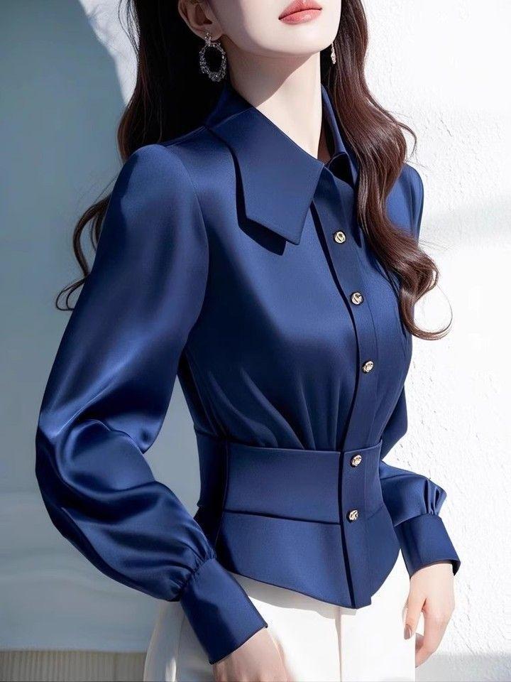 Spring Autumn Polo-neck Elegant Fashion Velvet Waist Blouse Women Long Sleeve Solid Cardigan Shirt Button Top