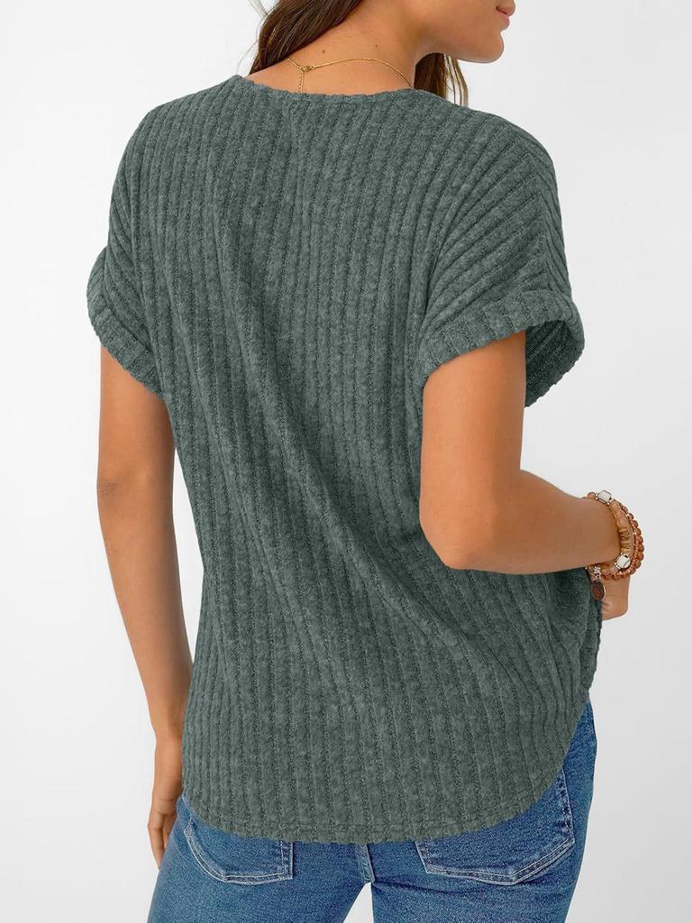 2026 Summer European & American Plus Size Women's V-neck Casual Brushed Solid Color T-shirt
