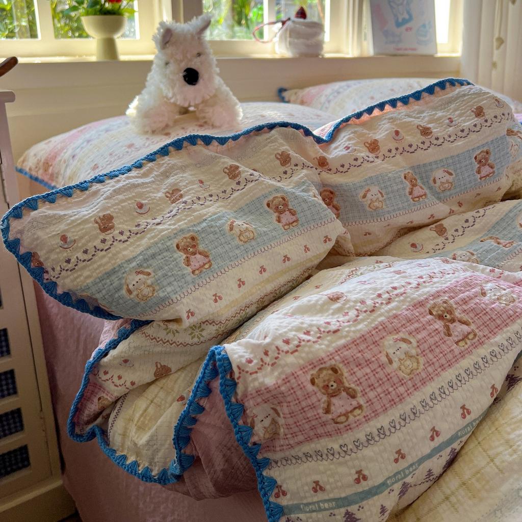 Maternal and infant grade A new puff yarn four-piece set, pure cotton naked bed sheet quilt cover, dormitory bed hat three-piece set