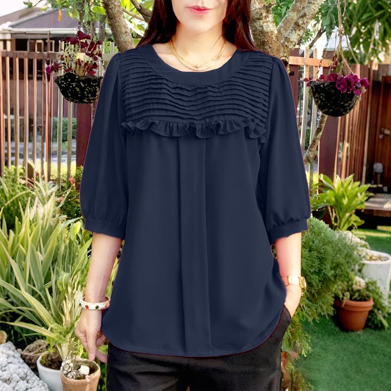 

ZANZEA Женская повседневная однотонная блузка с круглым вырезом и рукавом 3/4 5XL тёмно-синий