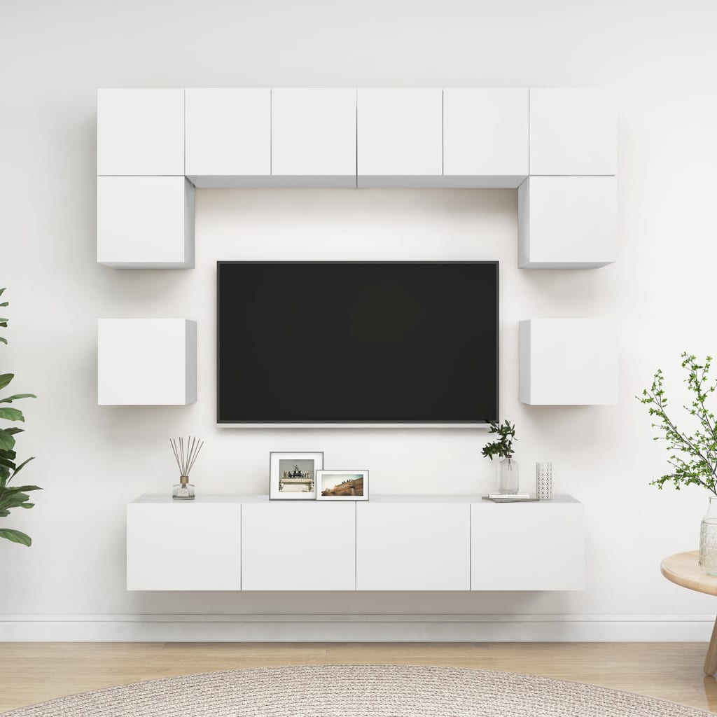 8 piece TV cabinet set white particleboard