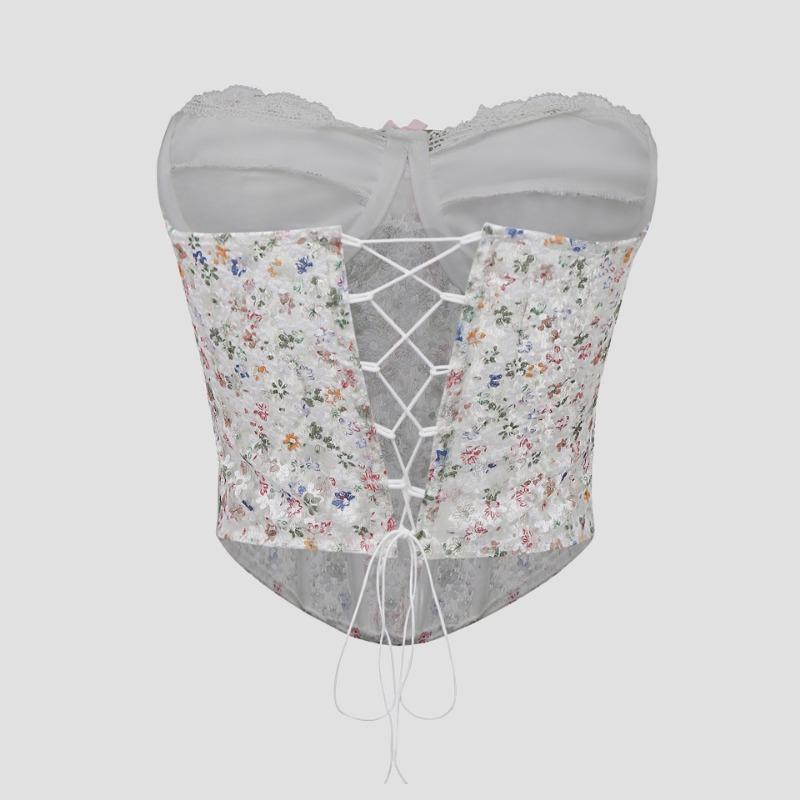 Floral Lace Corset Top Strapless Sweetheart Bustier with 3D Flower Decor