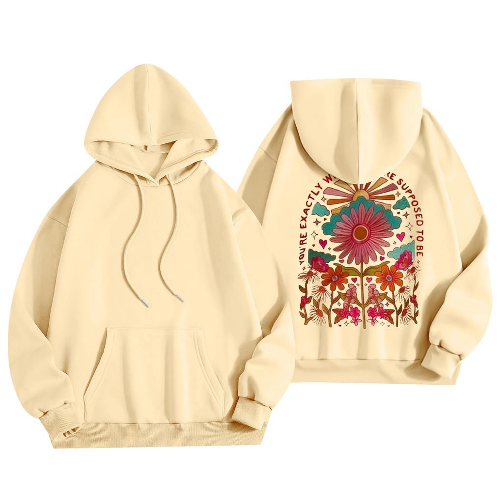 Damenmode Damen Leichter Langarmpullover mit Taschen Preppy Graphic Hoodie