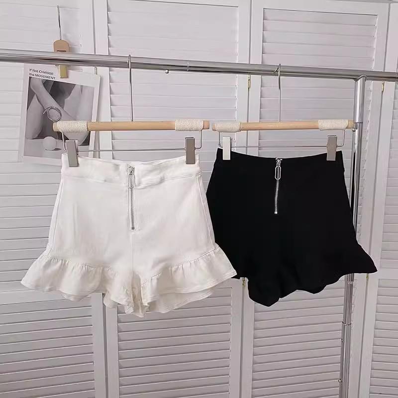Women's 2024 Summer White Ruffled Wide-Leg High-Waist Zipper Design Casual Shorts