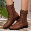 Casual Single Boots New Large Size Autumn Round Head Lace-up Thick Heel Solid Color Martin Boots