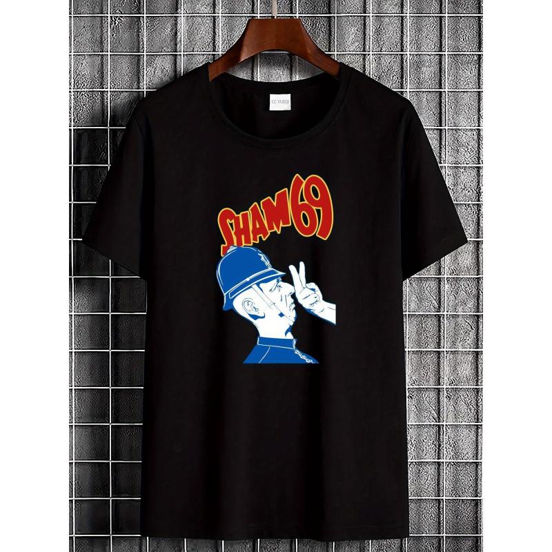 VTG Sham 69 Band Men'S T-Shirt | White Crew Neck Short Sleeve with Red and Blue Graphic, All-Season Casual Streetwear, JOOCAR Brand