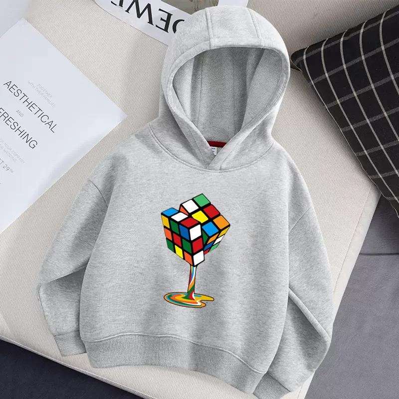Children's Autumn Hoodie Rubik's Cube Pattern Hoodie, Magic Cube Printed Fashion Versatile Style Girls' Top