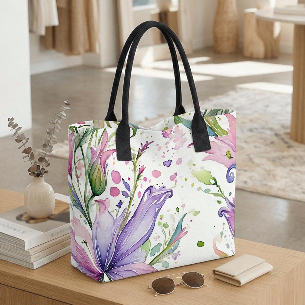Watercolor Floral Print Tote Bag Large Capacity Reusable Casual Shoulder Handbag for Daily Shopping Travel