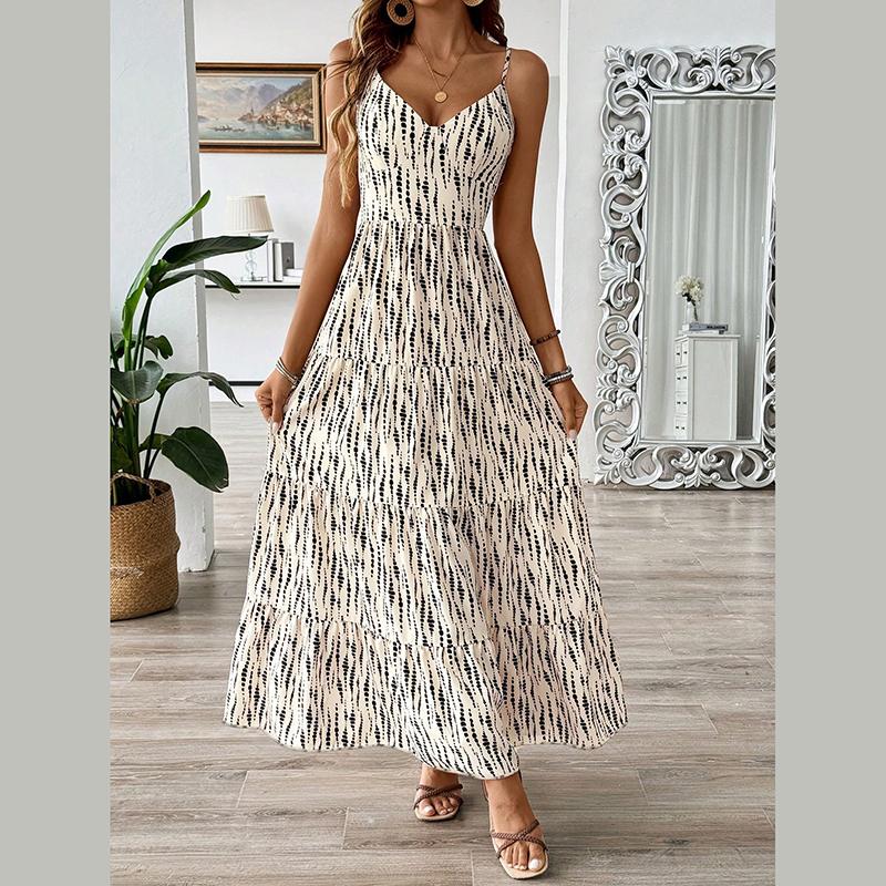 Women Summer Bandage Backless Holiday Beach Irregular Striped Printed One Piece Dress