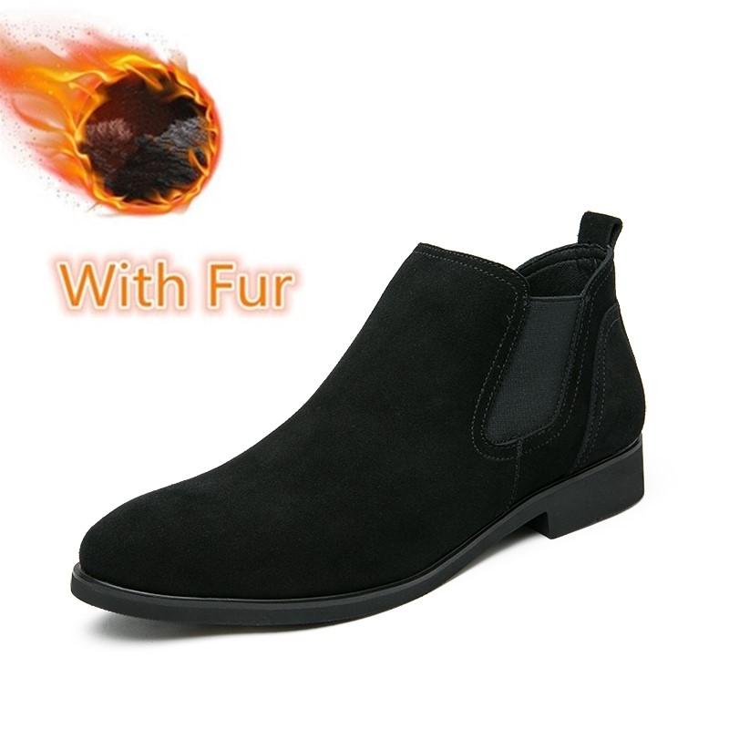 Fashion Chelsea Boots Men Winter Suede Shoes Man Casual Leather Boots Male Footwear Warm Plush Fur Slip On Ankle Boots For Men