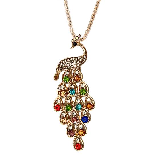 Fashion Women Multi-color Long Peacock Rhinestone Wedding Sweater Necklace