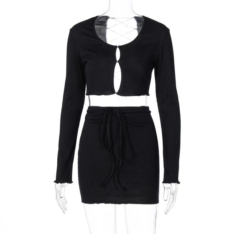 Tooxika New Spring And Summer Long Sleeve Cross Strap Navel Exposed T-shirt Short Skirt Set