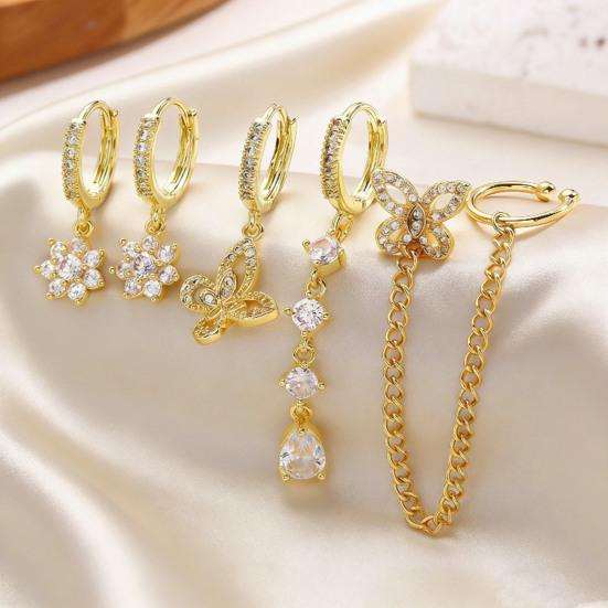 5 Pcs Women Earrings Set Sparkling Rhinestone Flower Butterfly Chain Hoop Earrings Gold Plated Cubic Zirconia Dangling Earrings for Prom Wedding