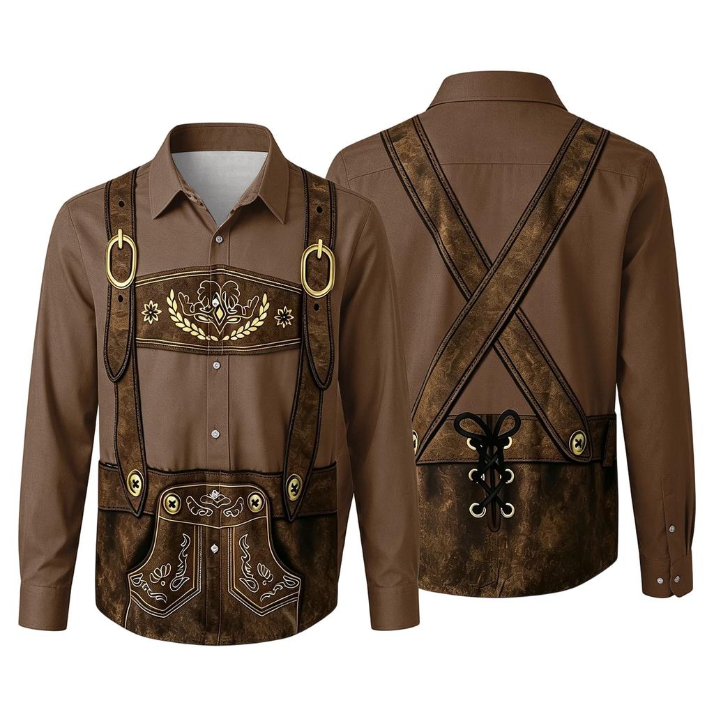 Camicia da uomo per l'Oktoberfest con stampa 3D, vestibilità larga, manica lunga, colletto, casual, stile vintage, traspirante, per lavoro, festival all'aperto, festa