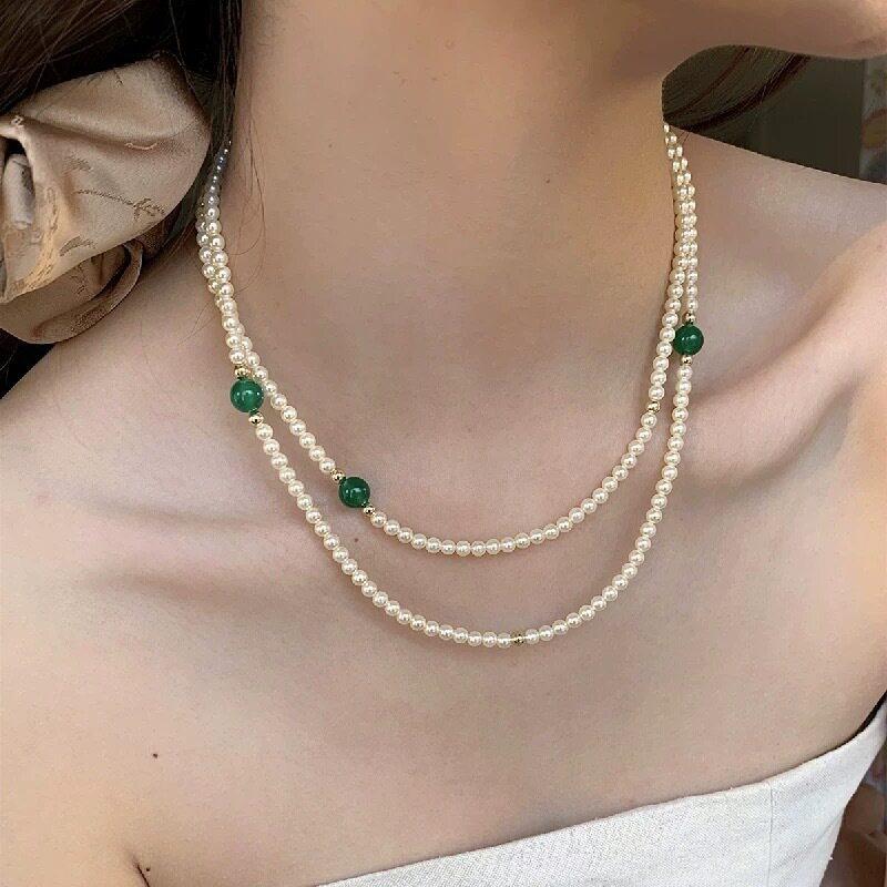 Retro Long Pearl Necklace Women's Niche Sweater Chain Feeling Double Layer Stacked Collarbone Chain