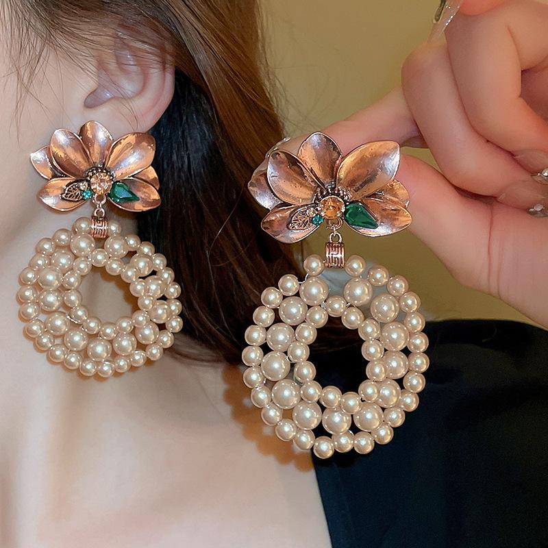 Silver Needle Vintage Pearl and Rhinestone Flower Earrings - French High-End Niche Court Style