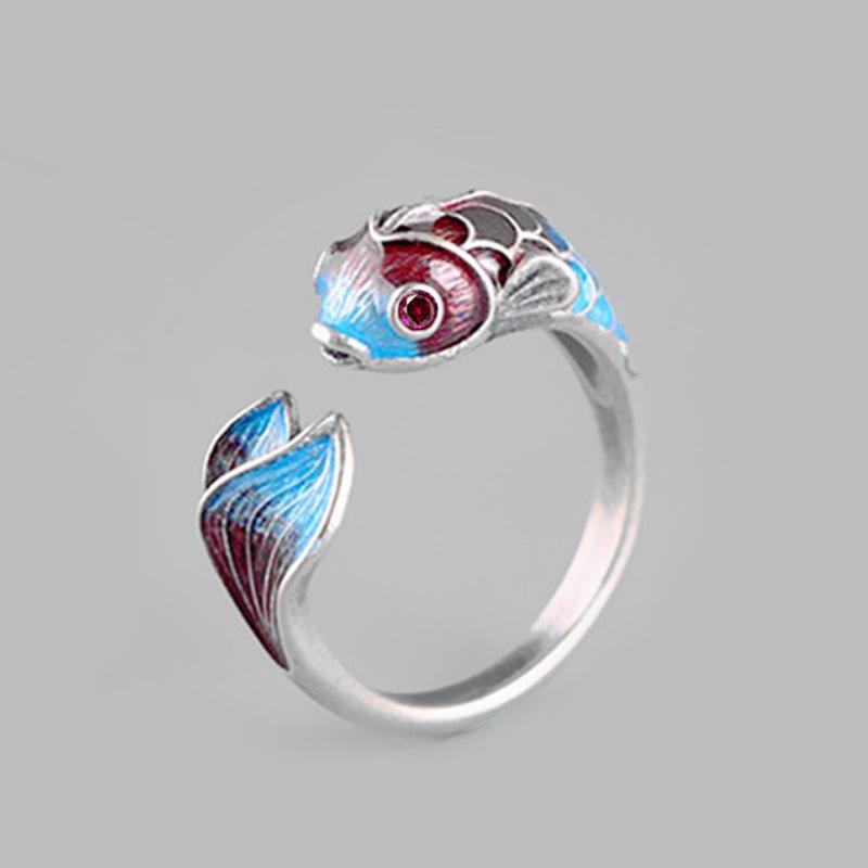 

Retro S990 Thai Silver Koi Fish Adjustable Ring - Women s Enamel Chinese Style with Drip Glue Design