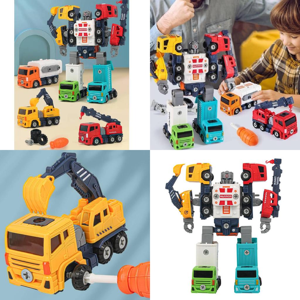 Diy Detachable Engineering Vehicle Toy Set For Boys With Five Colorful Transforming Robots