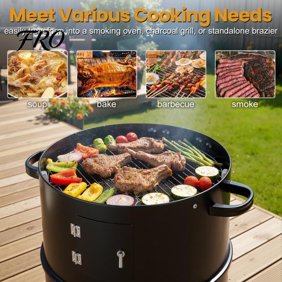 Outdoor Grill 16 Inch Charcoal Stove, 3 In 1 Vertical BBQ with Built-In Thermometer, Double Tier Stove Adjustable Vent System, Heavy Duty Barbecue
