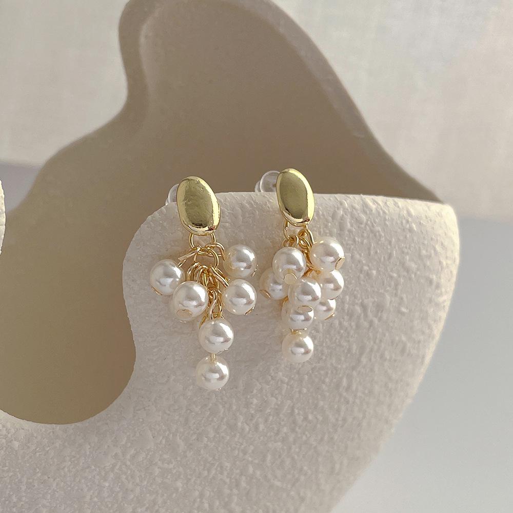 Korea-Inspired Grape Cluster Pearl Tassel Earrings with S925 Silver for Women