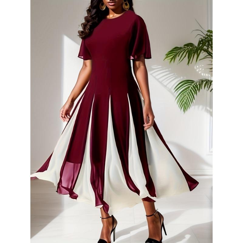 Damen Farbe Chiffon Spleißen Rundhals Kurzarm Swing Kleid Frühling Sommer Stil