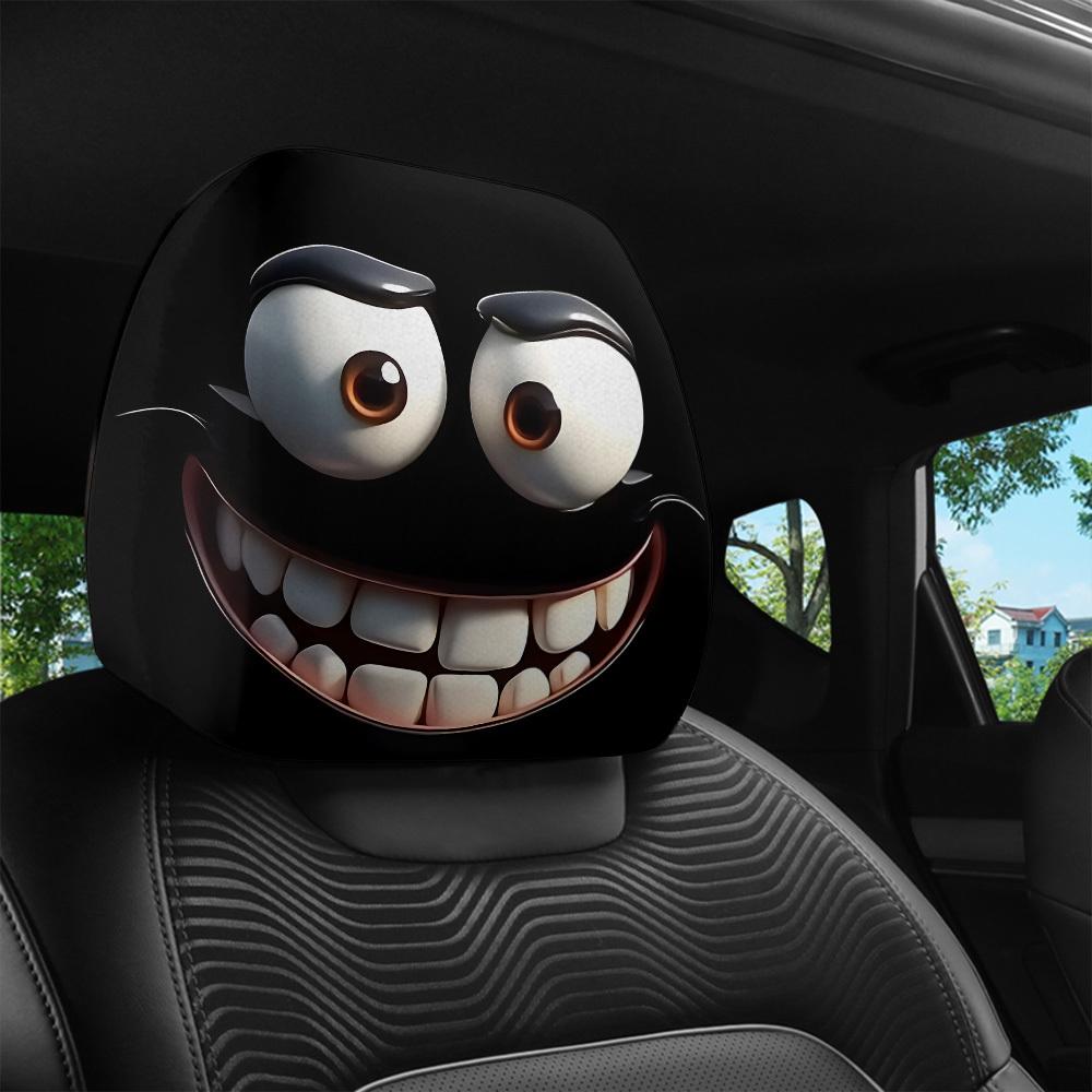 2pcs Set of Funny Big-Eyed Grinning Cartoon Print Car Seat Headrest Covers, Car Headrest Covers for Funny Car Interior Accessories